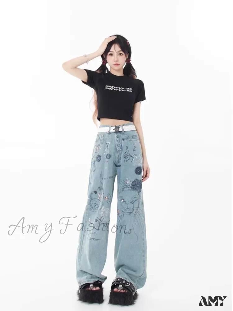 Amy Fashion - Spring and Autumn New Small Market Design Sense Personalized Print Graffiti Straight Women's Jean - Image 6
