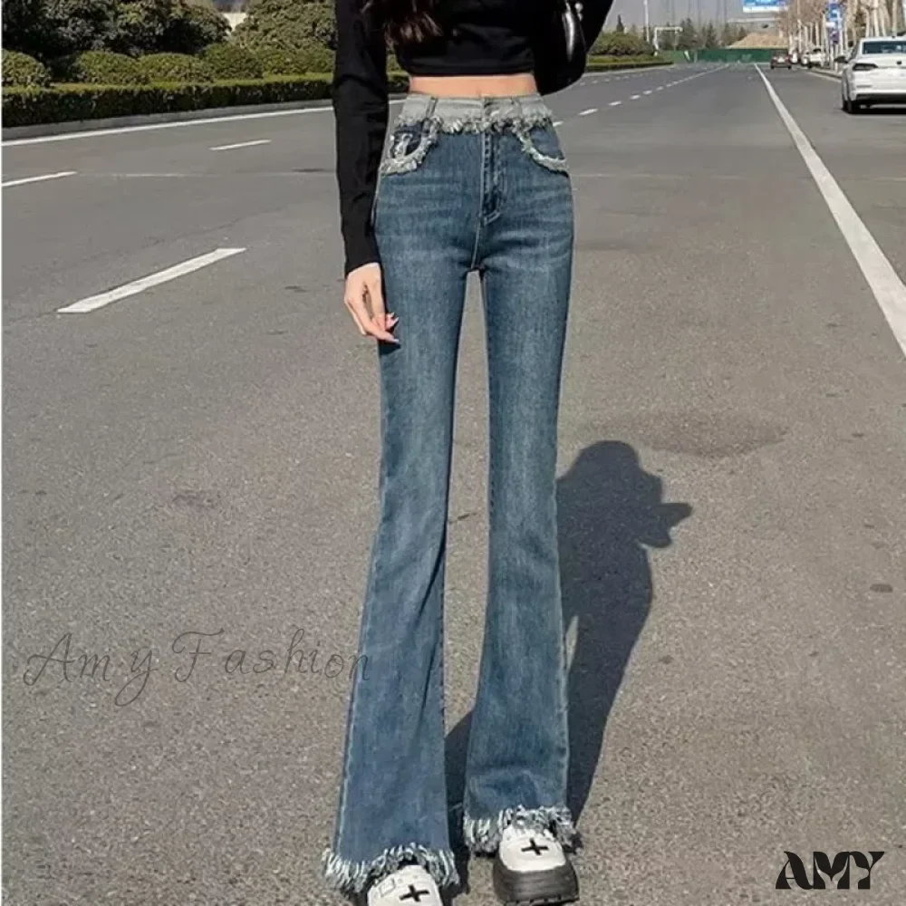Amy Fashion - Spring And Autumn New Vintage Blue Tassel Elastic Horseshoe Rugged Edge Jean - Image 2