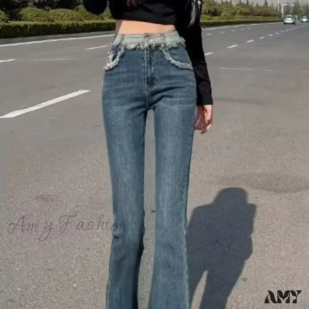 Amy Fashion - Spring And Autumn New Vintage Blue Tassel Elastic Horseshoe Rugged Edge Jean - Image 3
