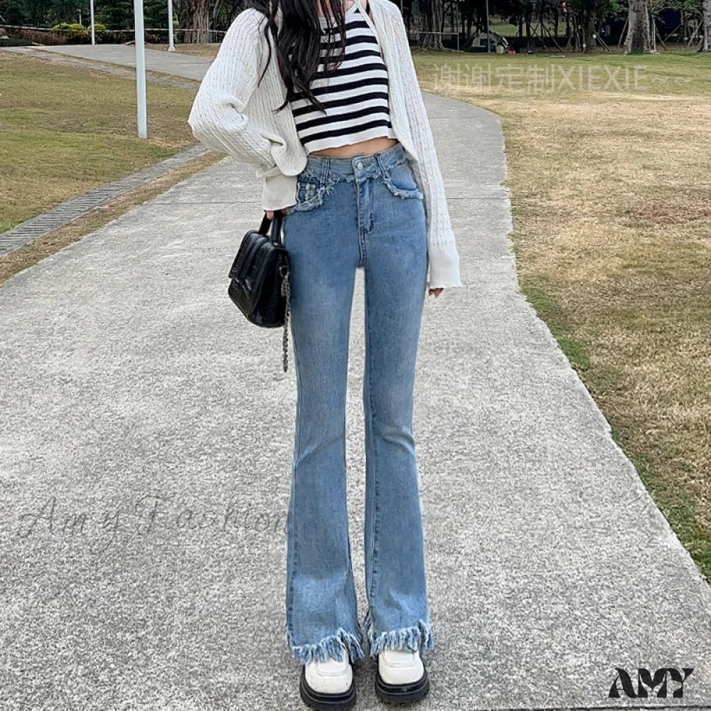 Amy Fashion - Spring And Autumn New Vintage Blue Tassel Elastic Horseshoe Rugged Edge Jean - Image 4