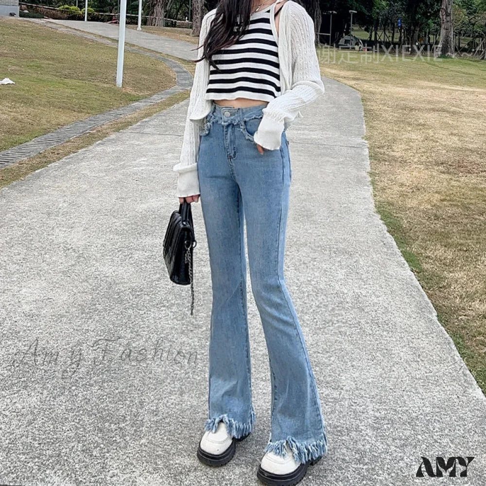 Amy Fashion - Spring And Autumn New Vintage Blue Tassel Elastic Horseshoe Rugged Edge Jean - Image 5