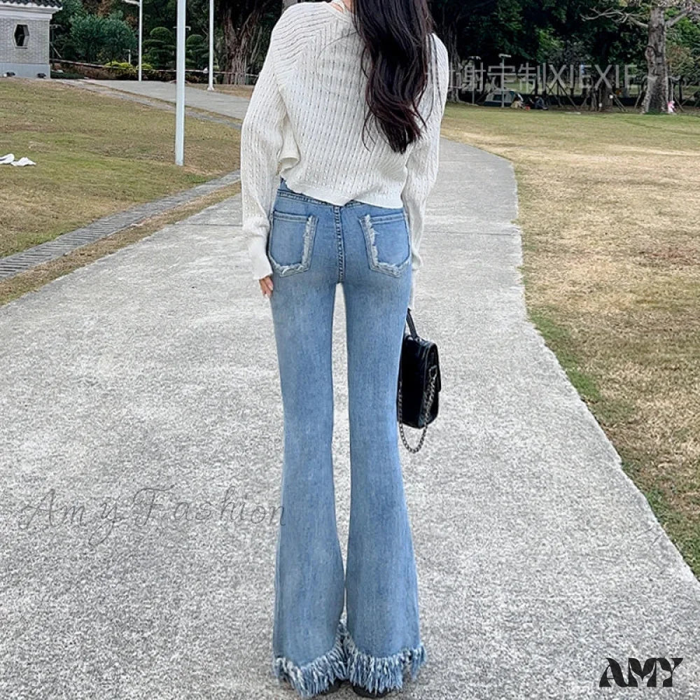 Amy Fashion - Spring And Autumn New Vintage Blue Tassel Elastic Horseshoe Rugged Edge Jean - Image 6