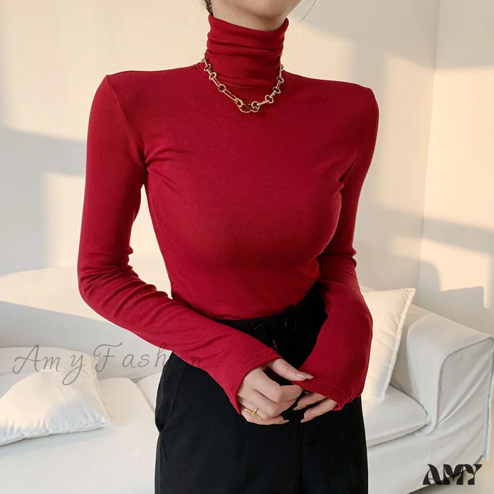 Amy Fashion - Slim Velvet Turtleneck Minimalist Tops - Image 10