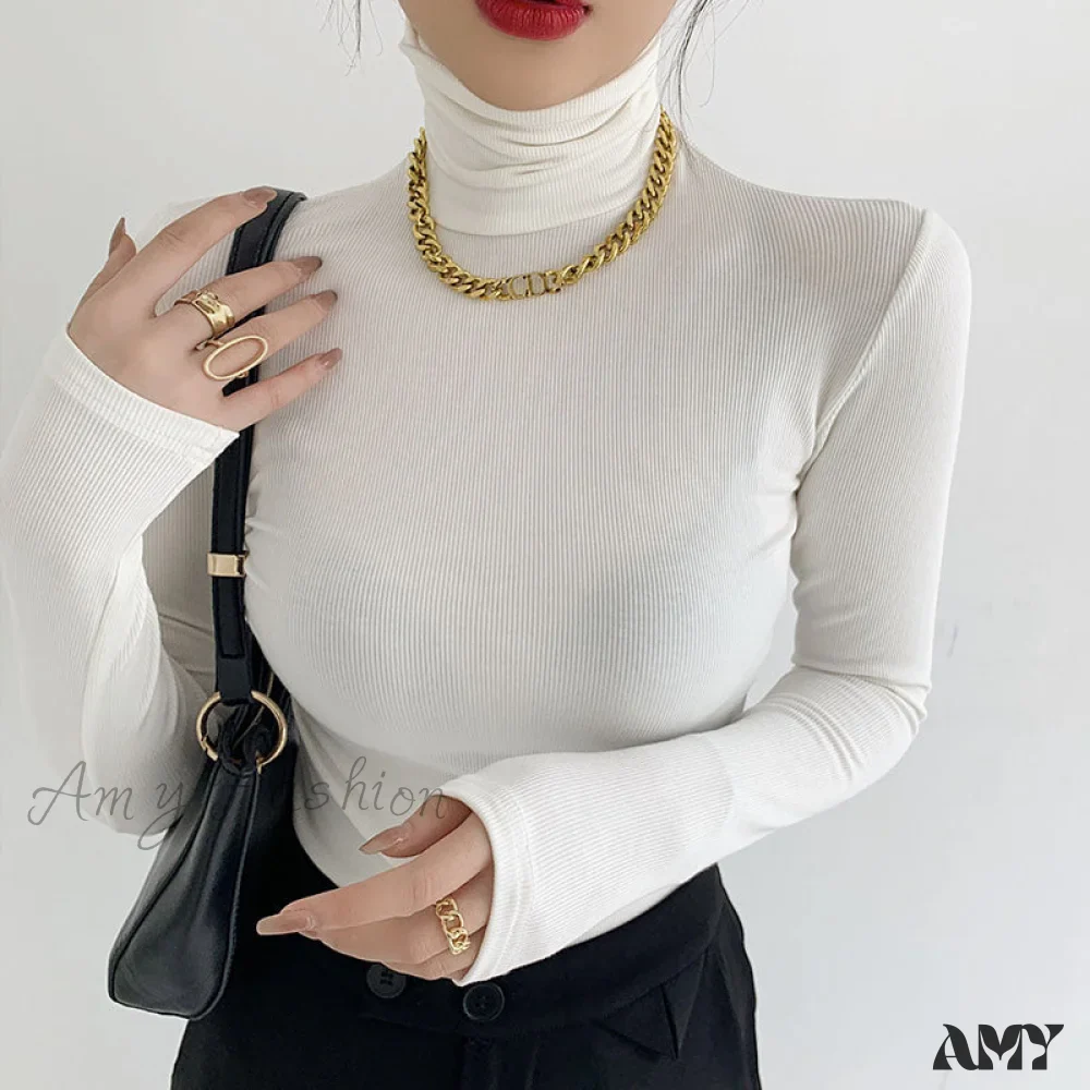 Amy Fashion - Slim Velvet Turtleneck Minimalist Tops - Image 11