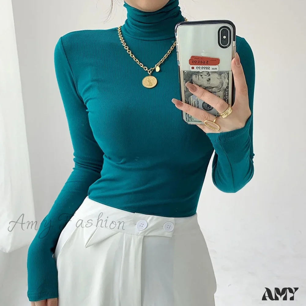 Amy Fashion - Slim Velvet Turtleneck Minimalist Tops - Image 13