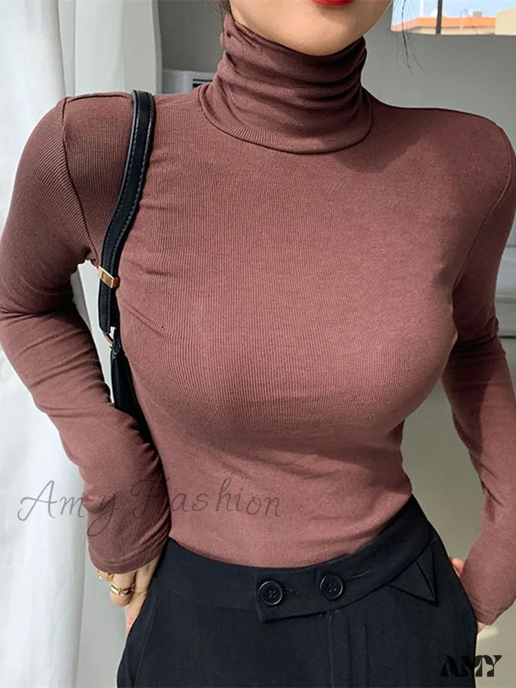 Amy Fashion - Slim Velvet Turtleneck Minimalist Tops - Image 2