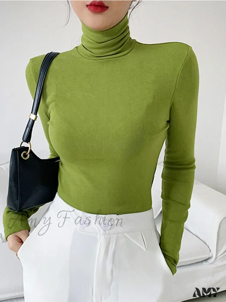 Amy Fashion - Slim Velvet Turtleneck Minimalist Tops - Image 3