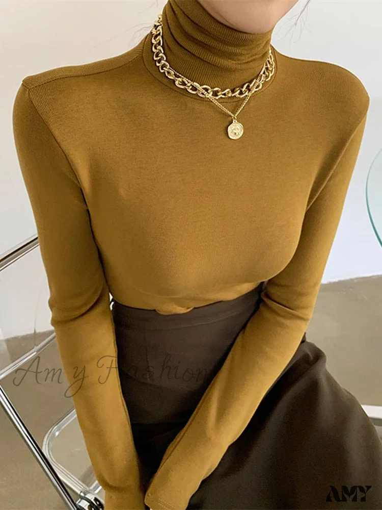 Amy Fashion - Slim Velvet Turtleneck Minimalist Tops - Image 4