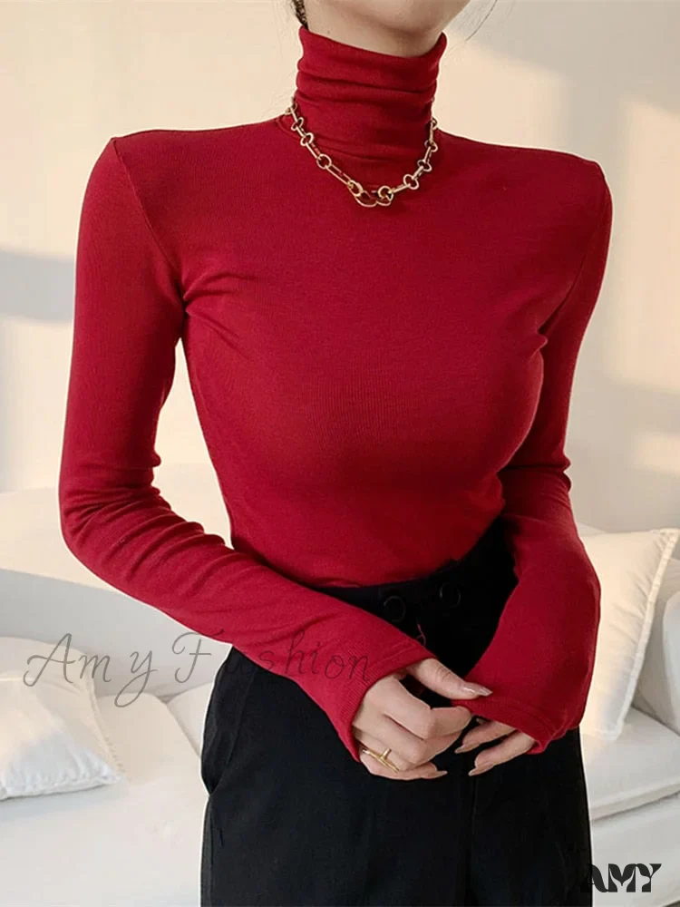 Amy Fashion - Slim Velvet Turtleneck Minimalist Tops - Image 5