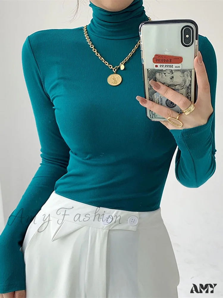 Amy Fashion - Slim Velvet Turtleneck Minimalist Tops - Image 6