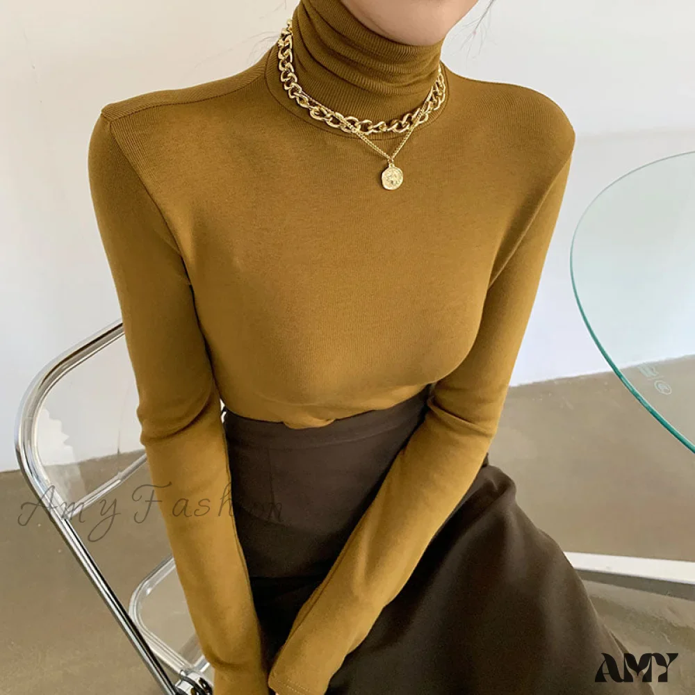 Amy Fashion - Slim Velvet Turtleneck Minimalist Tops - Image 7