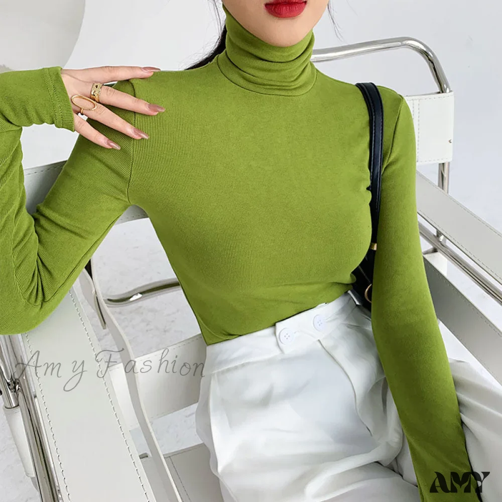 Amy Fashion - Slim Velvet Turtleneck Minimalist Tops - Image 8