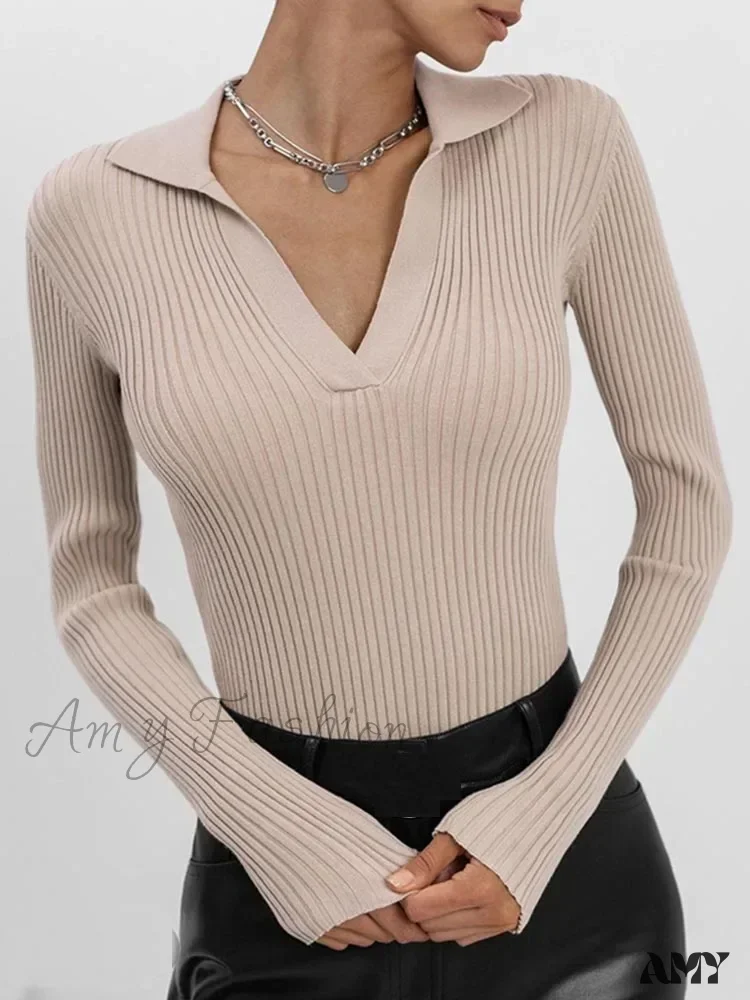 Spring Women's Knitted Blouse Long Sleeve Polo Collar Slim Stylish Cozy Trendy Comfortable Elegant Sweater - Image 3
