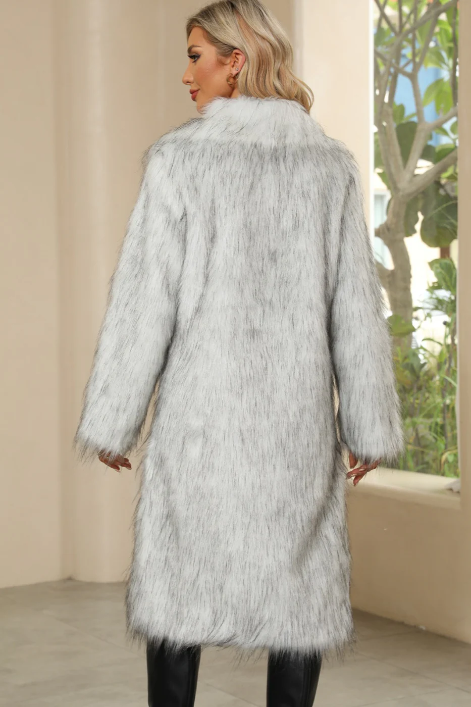 Square Collar Faux Fur Longline Warm Coat - Image 7