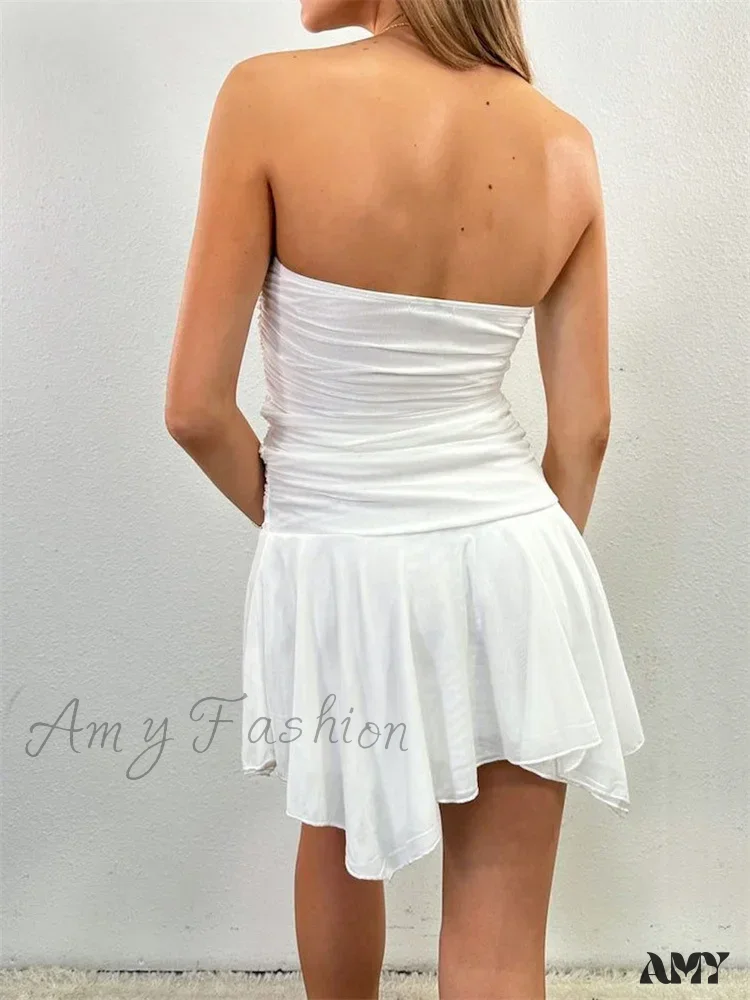 Amy Fashion - Strapless Backless Irregular Hem Pleated Solid Mini Dress - Image 2