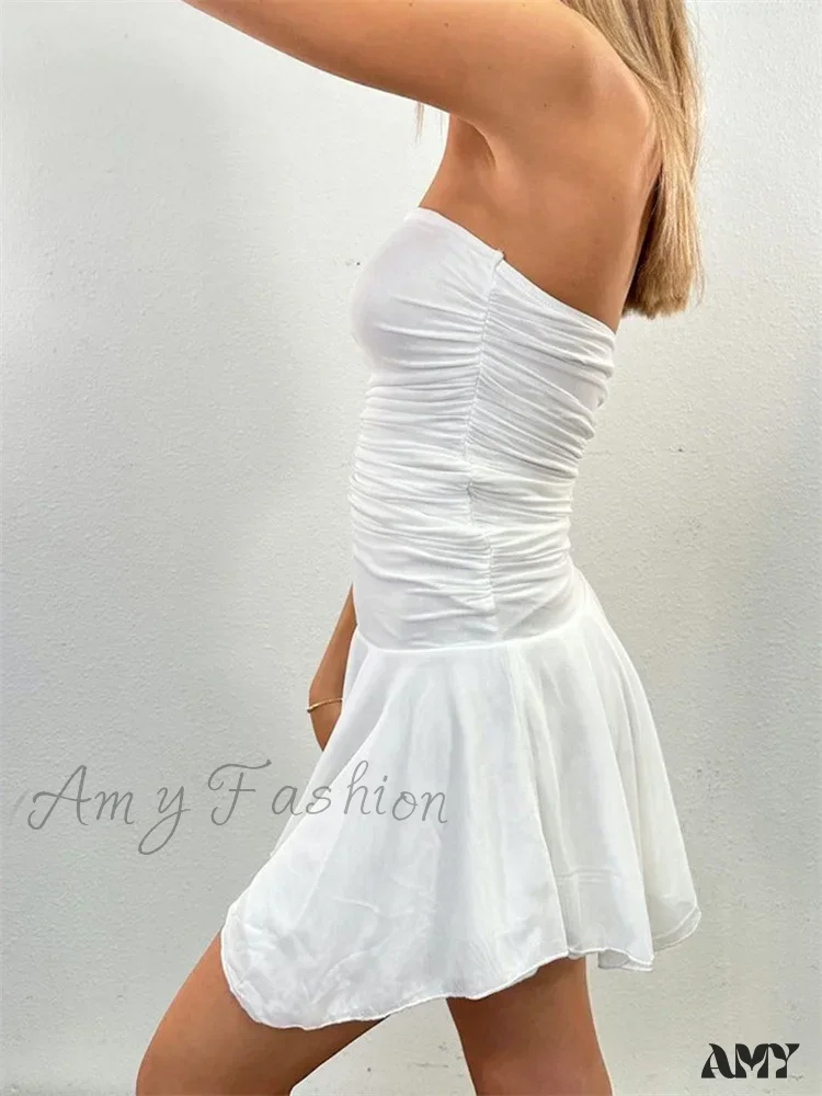 Amy Fashion - Strapless Backless Irregular Hem Pleated Solid Mini Dress - Image 3