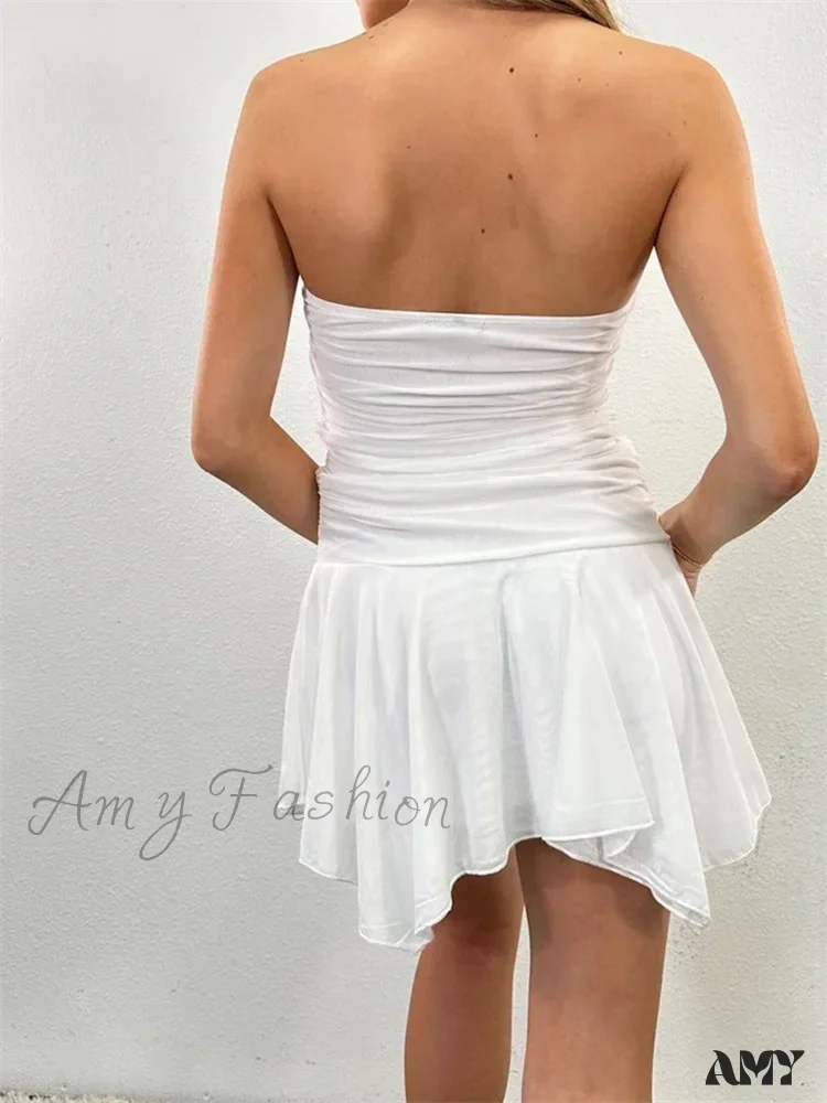 Amy Fashion - Strapless Backless Irregular Hem Pleated Solid Mini Dress - Image 5
