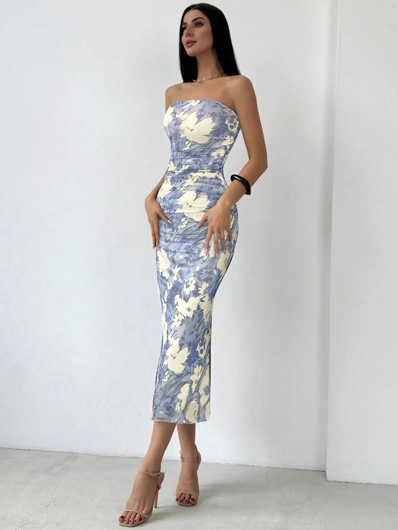 Strapless Blue Slim Fit Floral Dress - Image 5