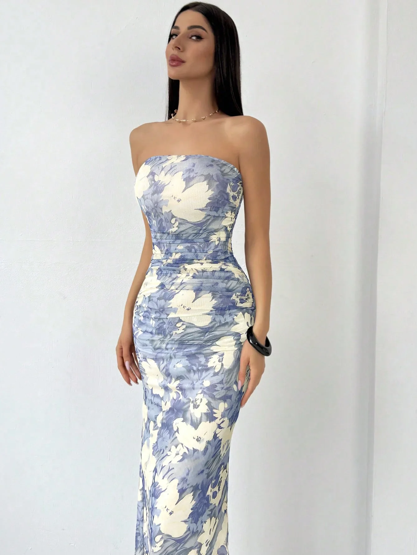Strapless Blue Slim Fit Floral Dress - Image 6