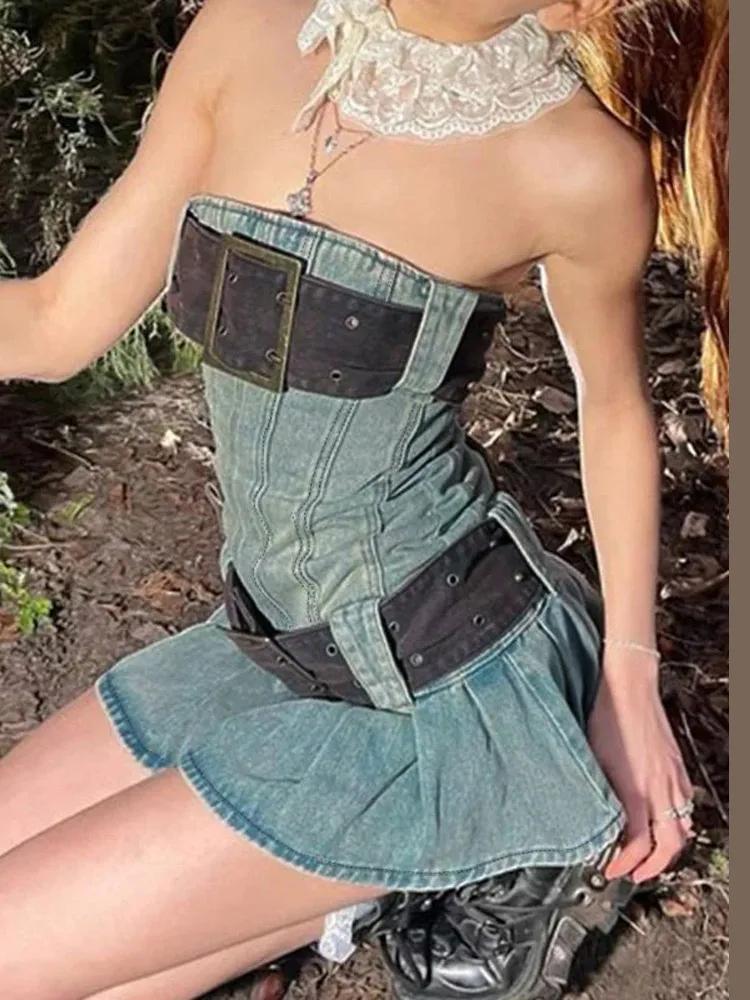 Strapless Denim Belted Mini Dress - Image 5