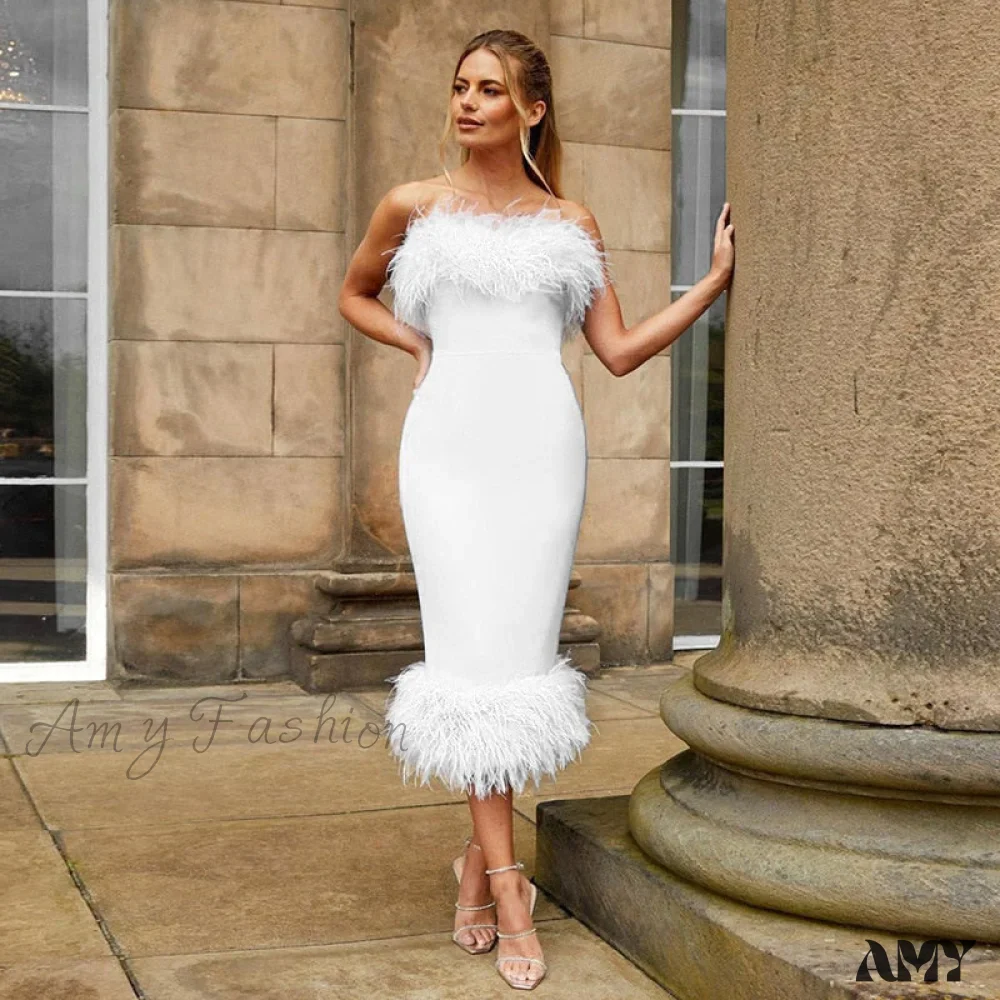 Amy Fashion - Strapless Feather Evening Sexy Corset Bodycon Midi Dress - Image 3