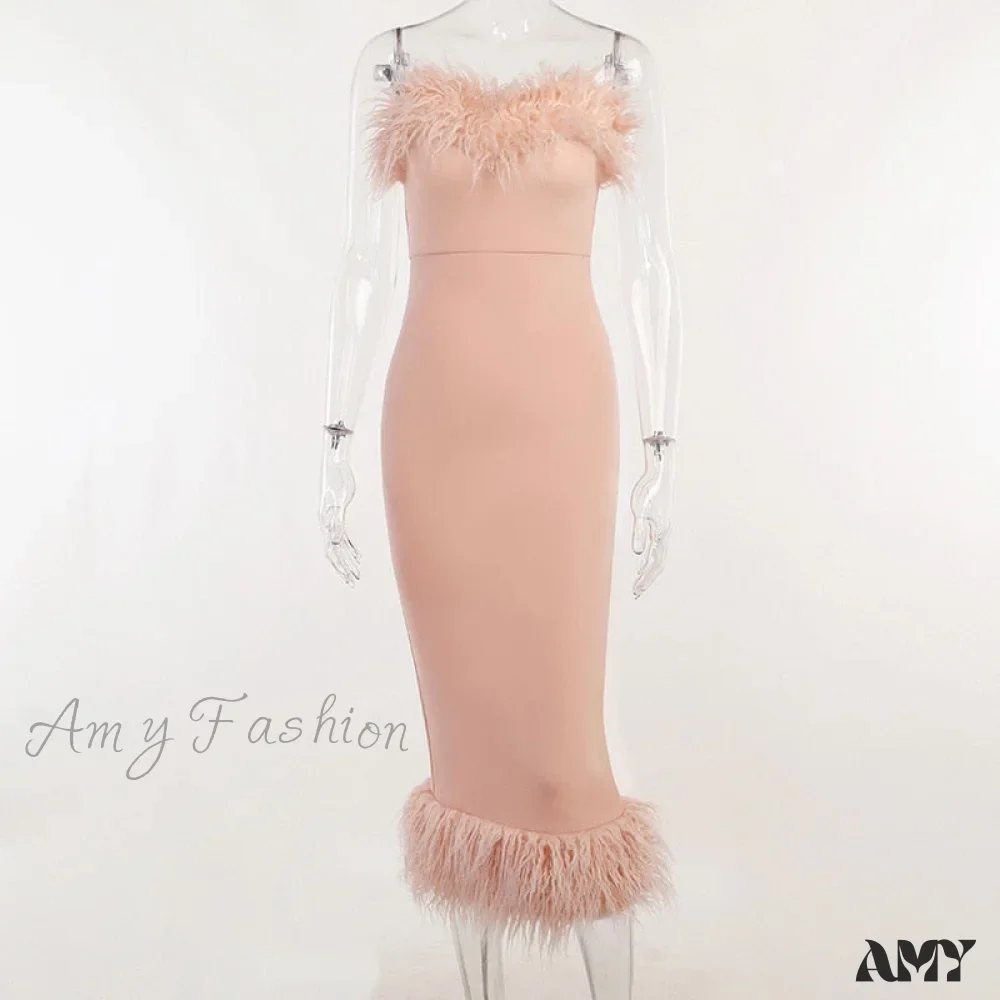 Amy Fashion - Strapless Feather Evening Sexy Corset Bodycon Midi Dress - Image 5