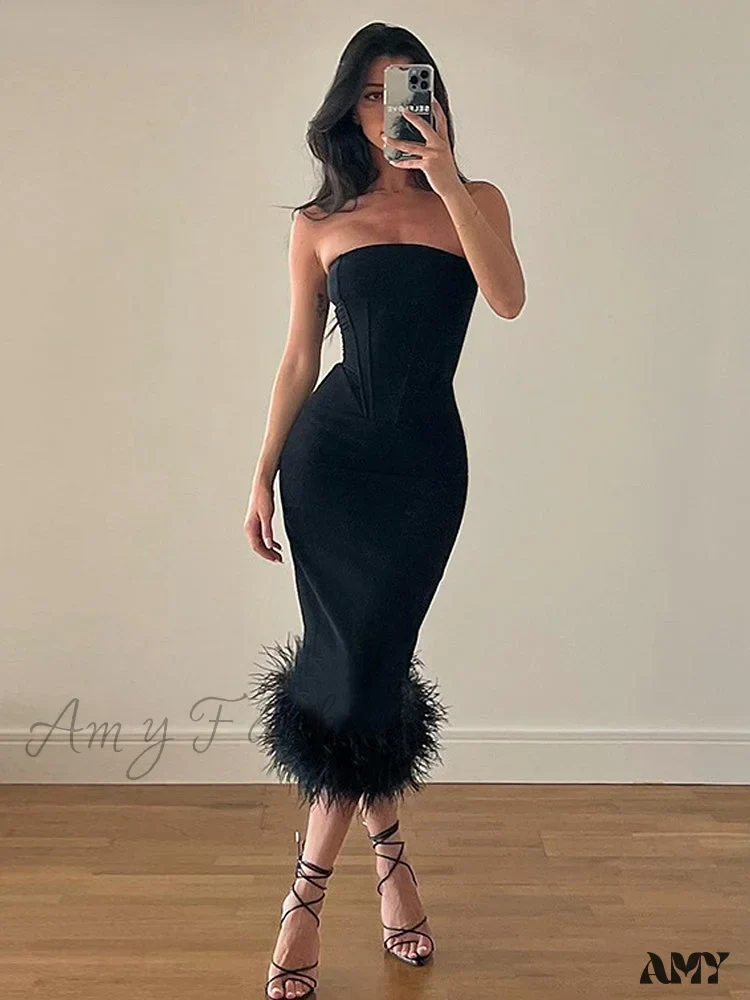 Amy Fashion - Strapless Feather Evening Sexy Corset Bodycon Midi Dress - Image 6