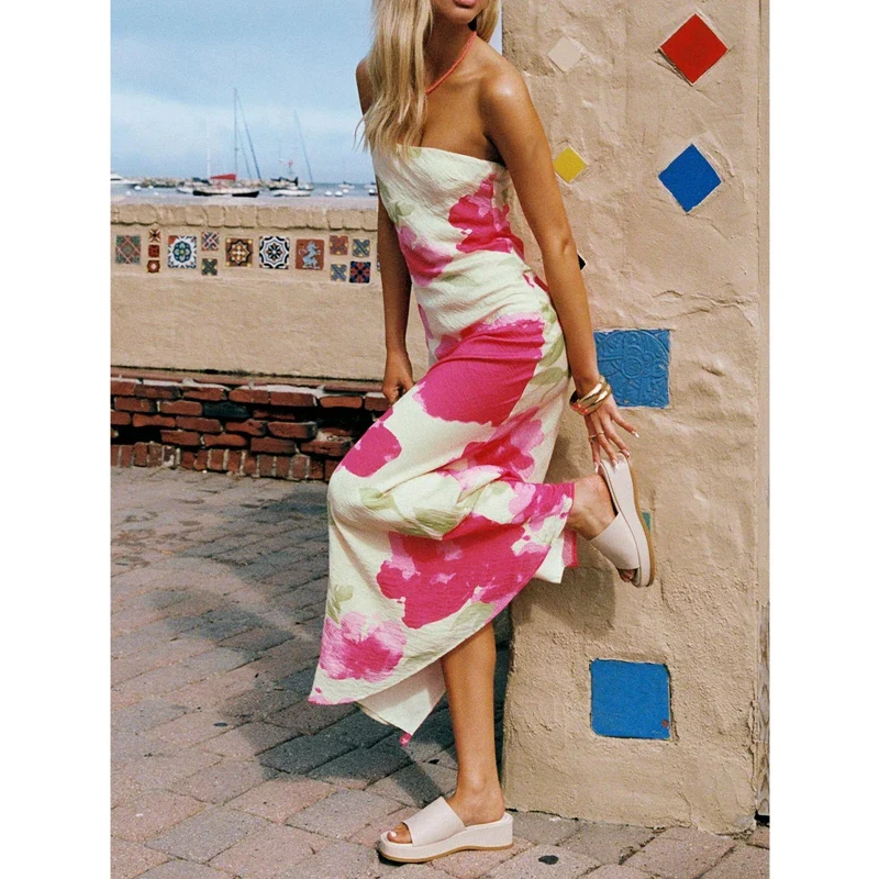 Strapless Floral Split Tube Vacation Dress - Image 3