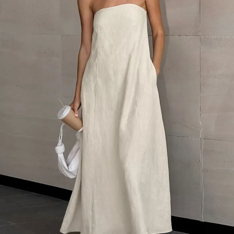 Strapless Khaki Cotton Holiday Midi Dress - Image 2