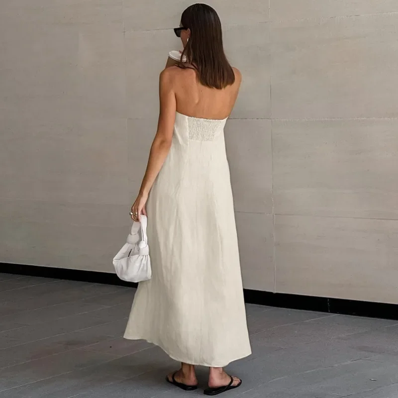 Strapless Khaki Cotton Holiday Midi Dress - Image 3