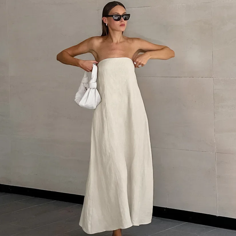Strapless Khaki Cotton Holiday Midi Dress - Image 4