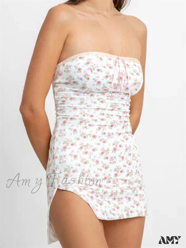 Amy Fashion - Strapless Off Shoulder Fairy Floral Print Backless Mini Dress - Image 3