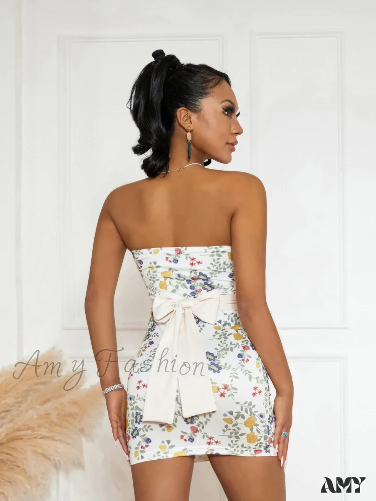 Amy Fashion - Strapless Off Shoulder Tube Sexy Floral Print Slim Mini Dress - Image 3