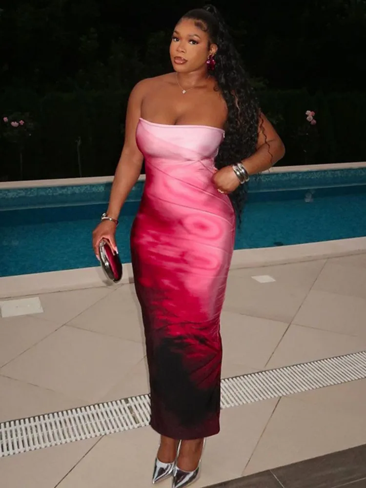 Strapless Print Backless Midi Vacation Dress