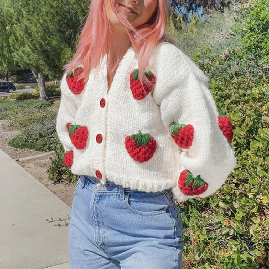 Strawberry Embroidered V-neck Lantern Cardigan - Image 2