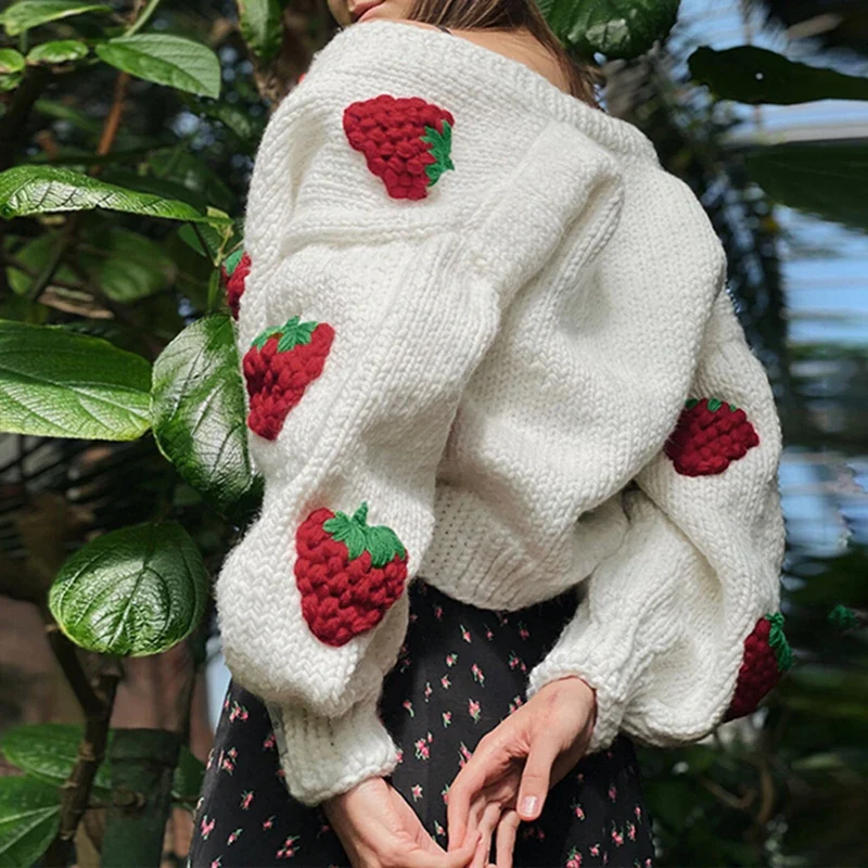 Strawberry Embroidered V-neck Lantern Cardigan - Image 5