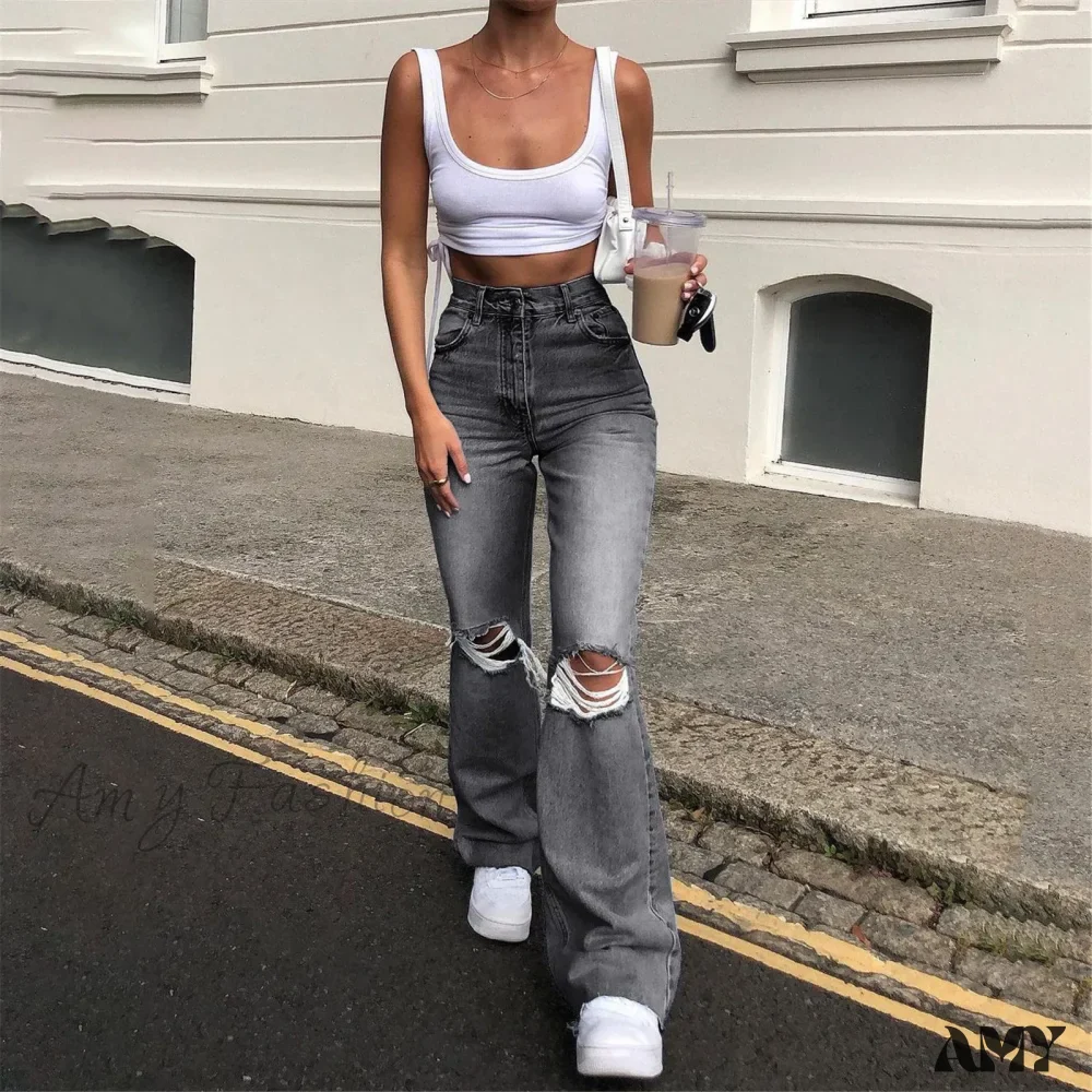 Streetwear Hollow Out Ripped Ragged High Waist Solid Color Retro Wide Leg Y2K Flare Jean - Image 4