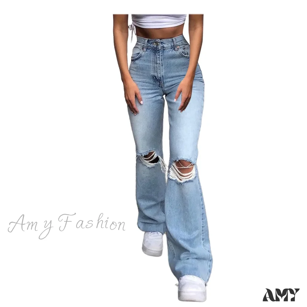 Streetwear Hollow Out Ripped Ragged High Waist Solid Color Retro Wide Leg Y2K Flare Jean - Image 6