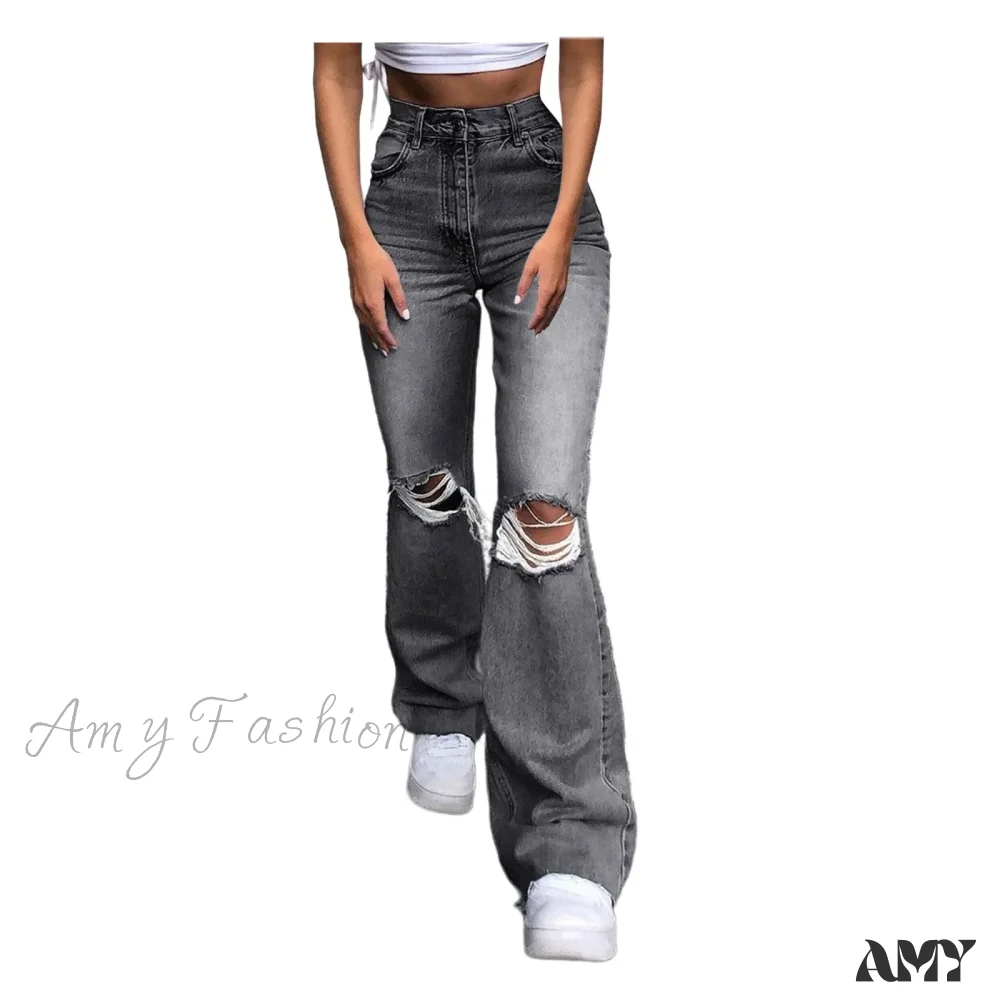 Streetwear Hollow Out Ripped Ragged High Waist Solid Color Retro Wide Leg Y2K Flare Jean - Image 7