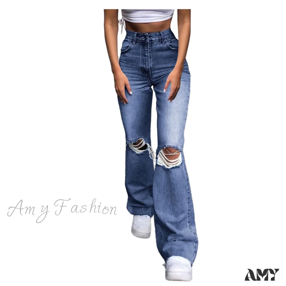 Streetwear Hollow Out Ripped Ragged High Waist Solid Color Retro Wide Leg Y2K Flare Jean - Image 8