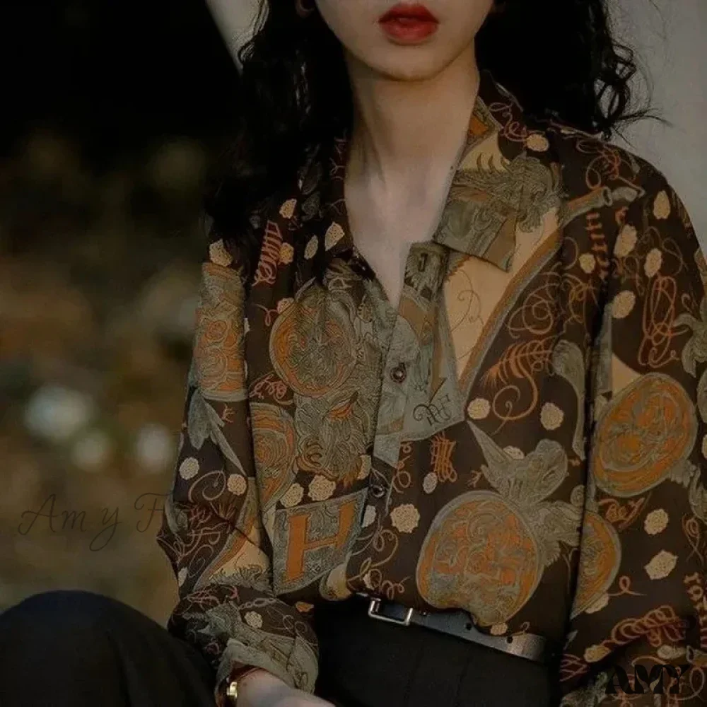 Streetwear Printing Oversized Women Korean Elegant Button Long Sleeve Tops Blouse - Image 3