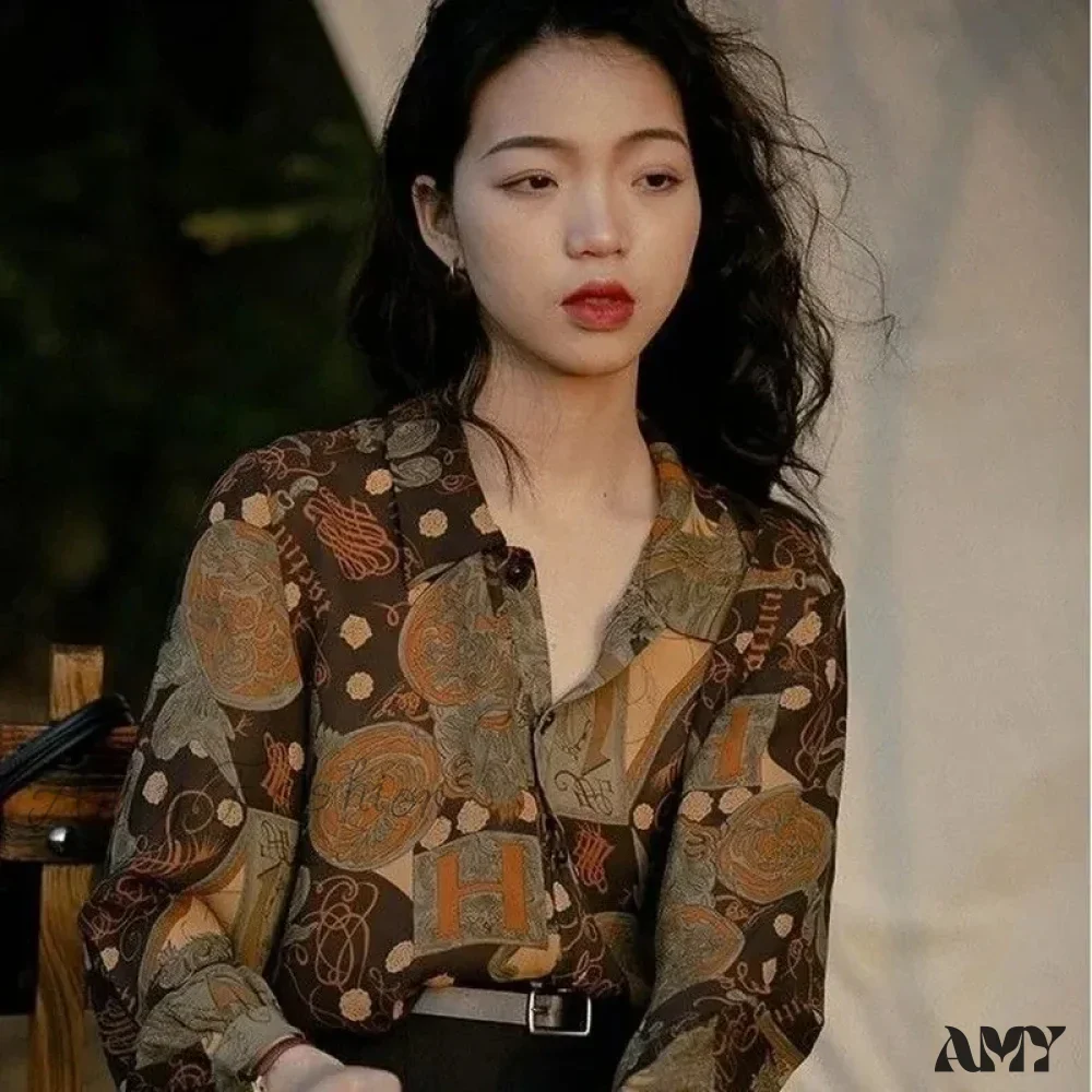 Streetwear Printing Oversized Women Korean Elegant Button Long Sleeve Tops Blouse - Image 4