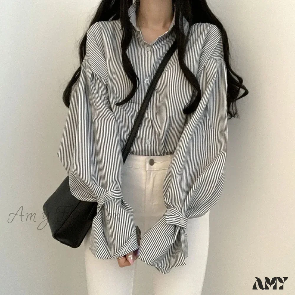Stripe Loose Spring Retro Casual Elegant Lapel Leisure Blouse - Image 2