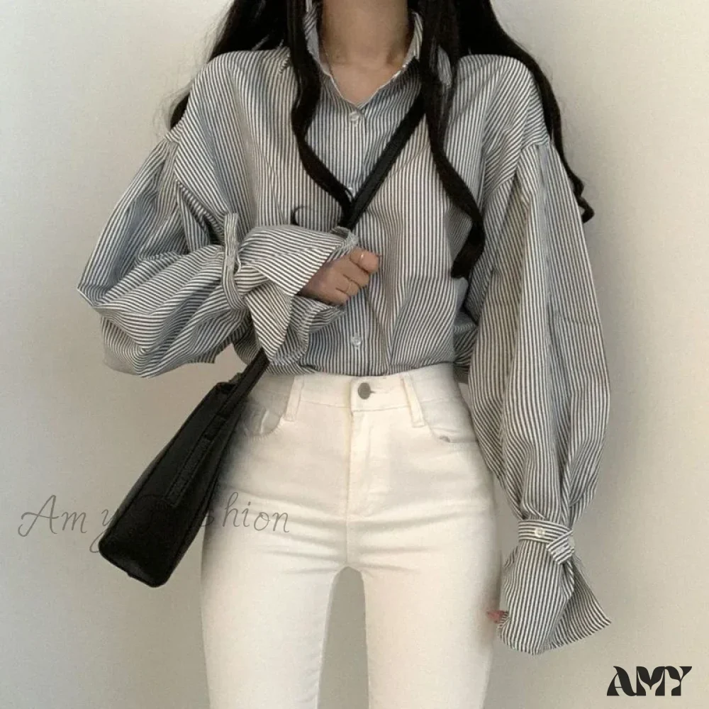 Stripe Loose Spring Retro Casual Elegant Lapel Leisure Blouse - Image 3