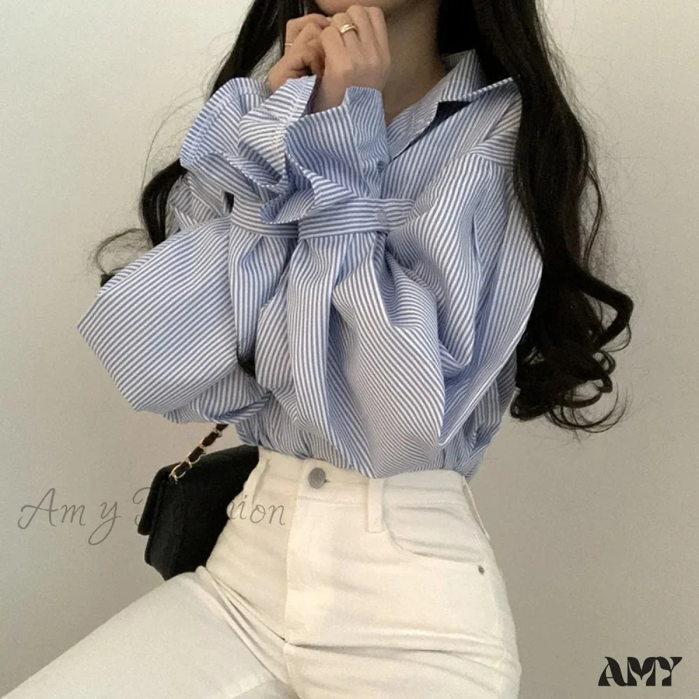 Stripe Loose Spring Retro Casual Elegant Lapel Leisure Blouse - Image 4