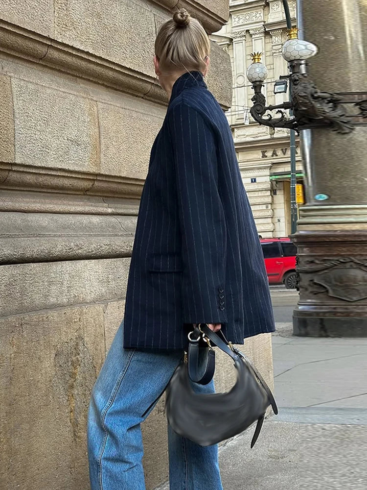 Stripe Stand Collar Blazer Coat - Image 2