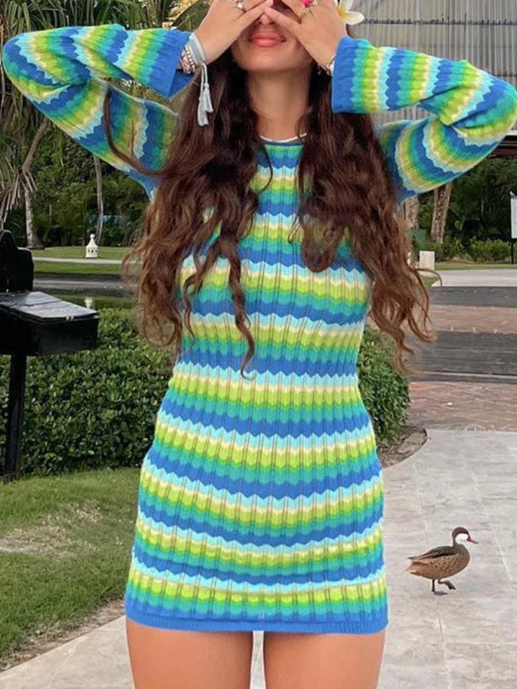 Striped Backless Long Sleeve Mini Dress - Image 4