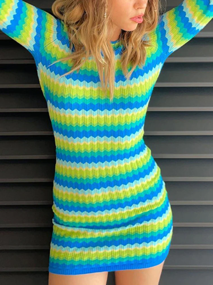 Striped Backless Long Sleeve Mini Dress - Image 5