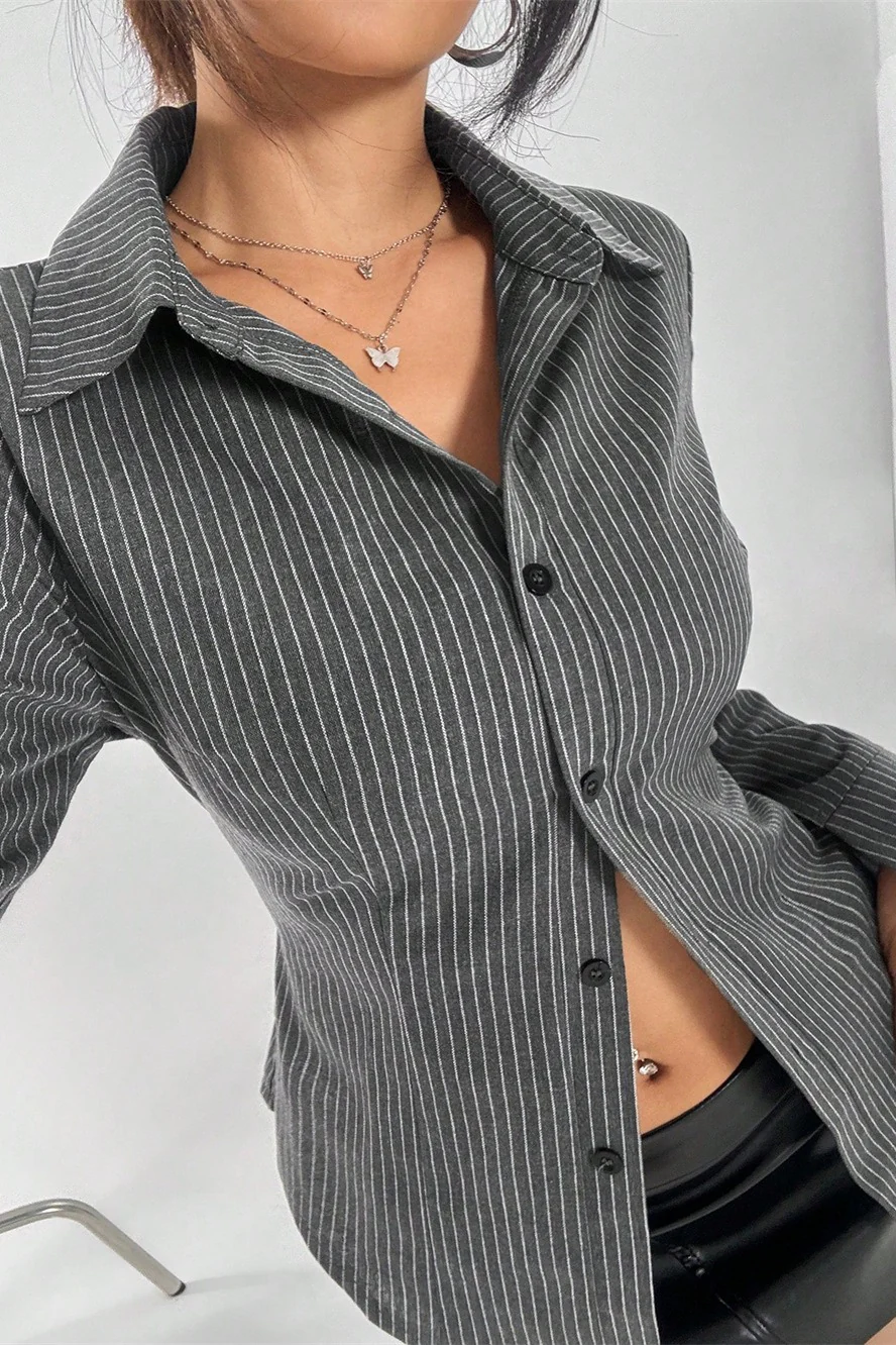 Striped Buttoned Long-Sleeve Blouse - Image 3