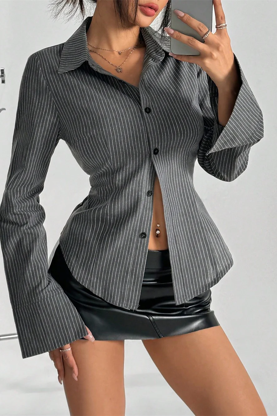 Striped Buttoned Long-Sleeve Blouse - Image 4